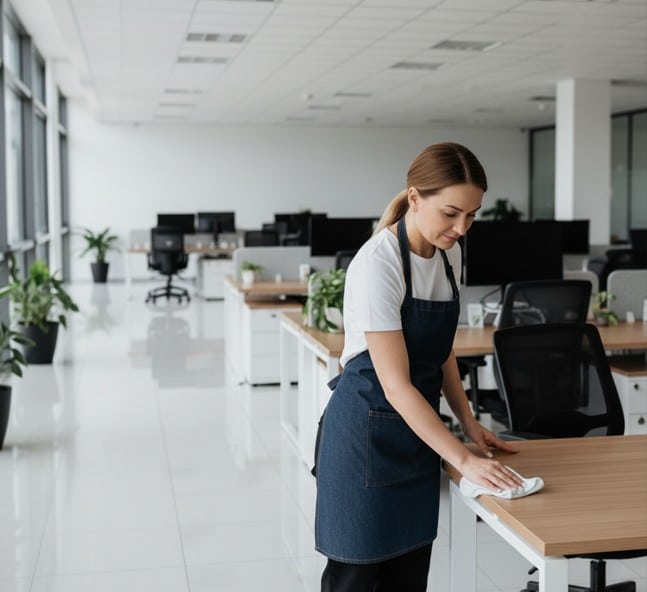 עובדת ניקיון מקצועית מנגבת שולחן משרדי במשרד מודרני ברמת גן